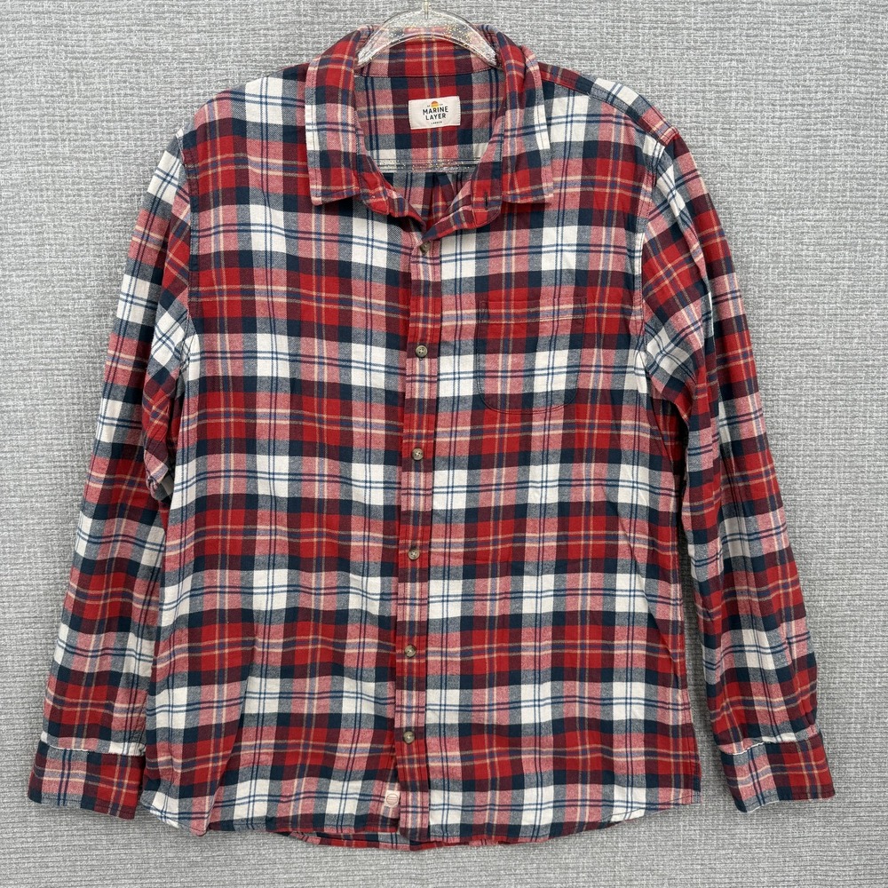 Marine Layer Shirt Mens Sz Large Red Navy Plaid Flannel Button Front Cotton